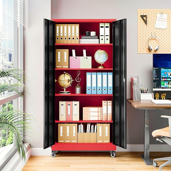 Metal Storage Cabinet with Wheels, Tall Garage Storage Cabinet with 4 - Image 6
