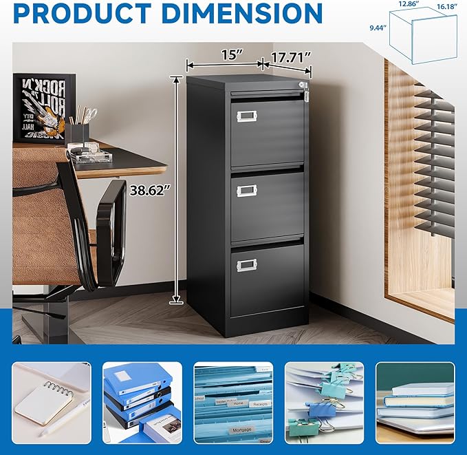 3 Drawer File Cabinet with Lock Metal Vertical File Cabinet Office Home Narrow - Image 3