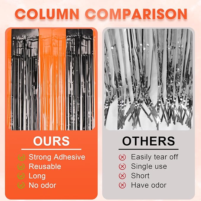 3 Pack 3.3x8.2 Feet Black and Orange Foil Fringe Backdrop Curtains, Tinsel - Image 5