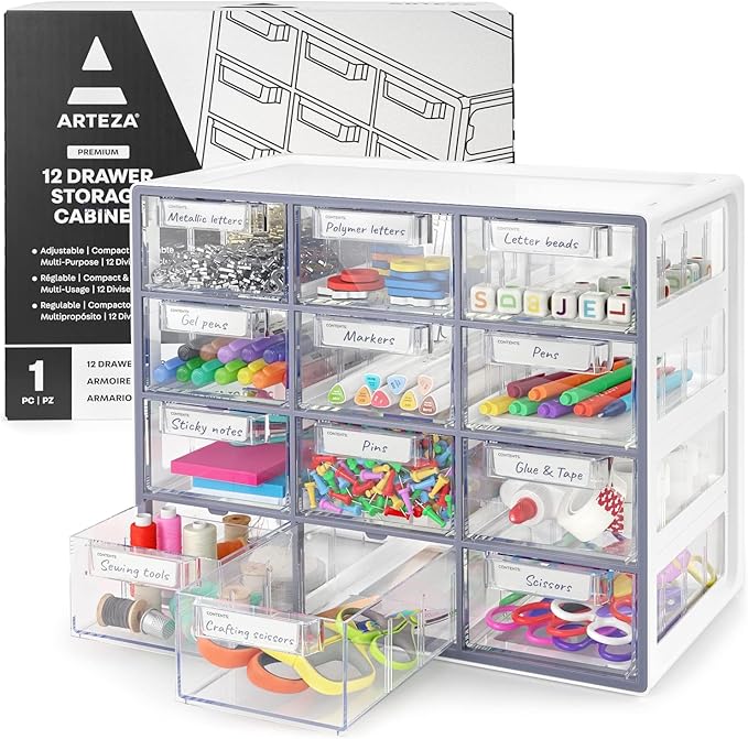 Arteza 12 Drawer Organizer and Storage Cabinet – Clear Plastic, Stackable by ARTEZA