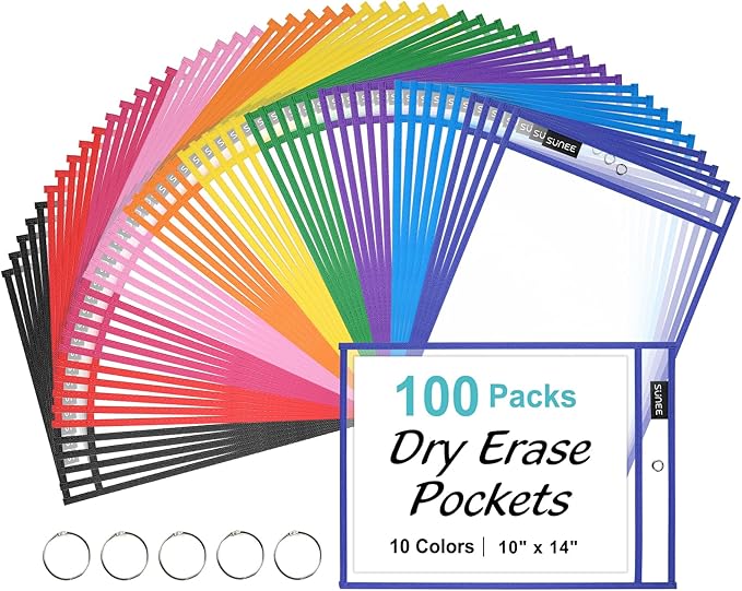 SUNEE 100 Packs Oversized Reusable Dry Erase Pocket Sleeves by SUNEE