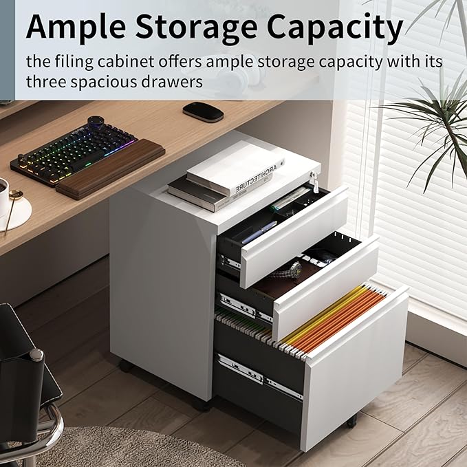 Mobile File Cabinet for Home Office, Lockable 3 Drawer Filing Cabinet - Image 5