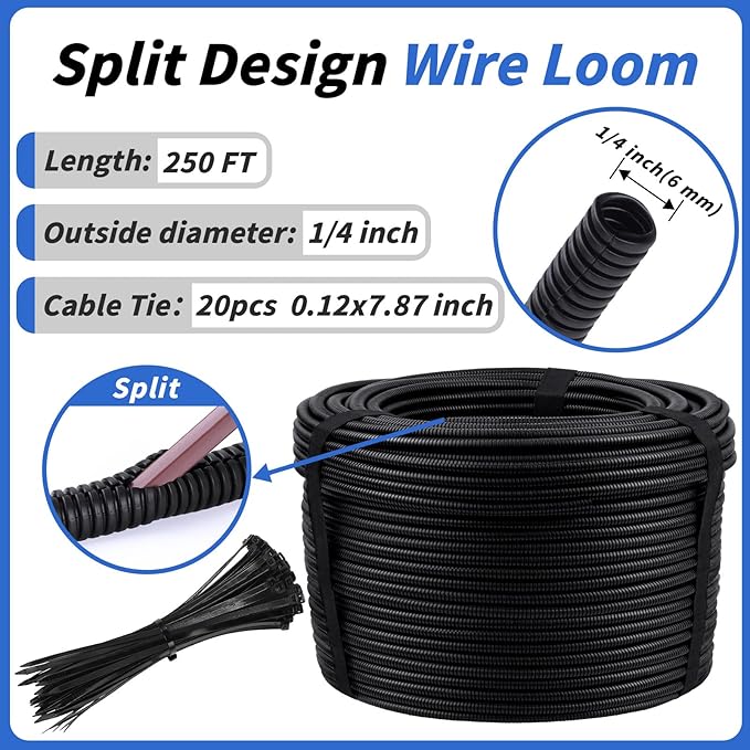 250FT Split Wire Loom Tubing, 1/4 Inch Wire Protector Tubing, Automotive Wire - Image 2