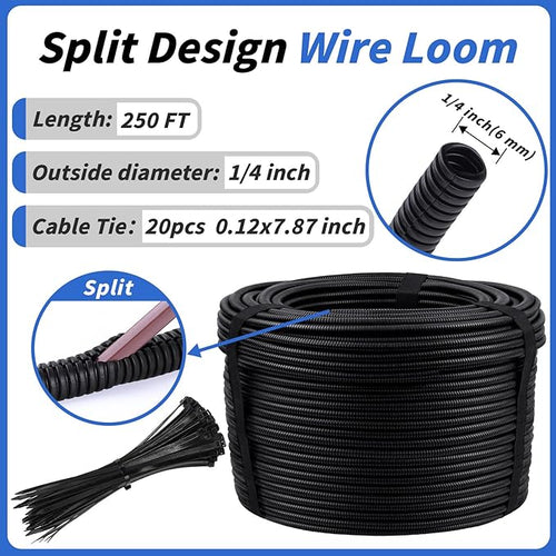 250FT Split Wire Loom Tubing, 1/4 Inch Wire Protector Tubing, Automotive Wire - Image 2