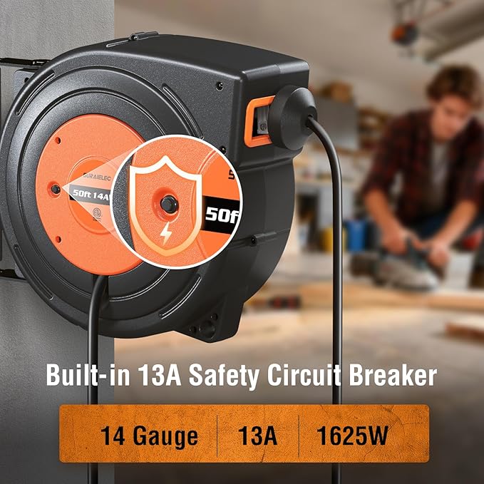 SURAIELEC 50FT Retractable Extension Cord Reel, 14AWG/3C SJTOW Heavy Duty Power - Image 3