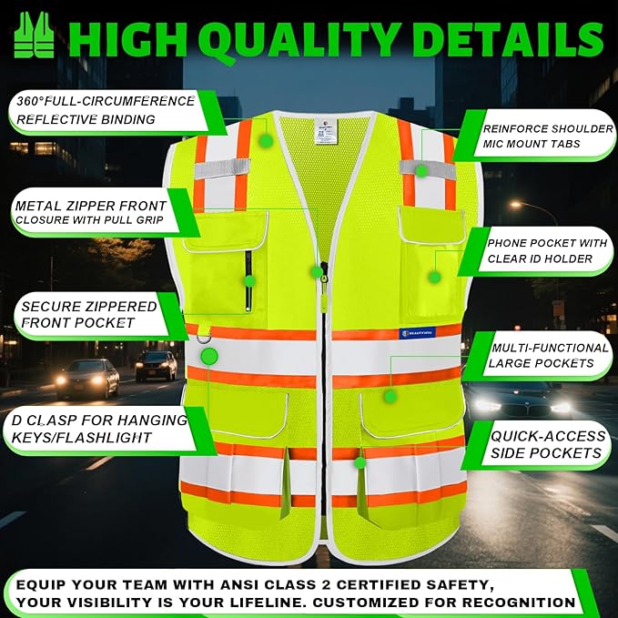 BeautyWill Custom Logo 10 Pockets Safety Vest Class2 ANSI Certified High - Image 6