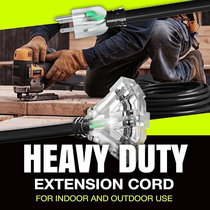 10ft Outdoor/Indoor Extension Cord 3-Outlet 12/3 Gauge Extra Heavy Duty 3 Prong - Image 7