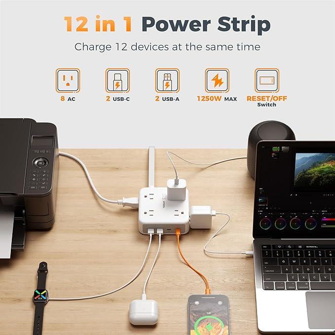 TESSAN 10 Ft Surge Protector Power Strip, 4 USB 8 Outlets, Flat Plug Extension - Image 2