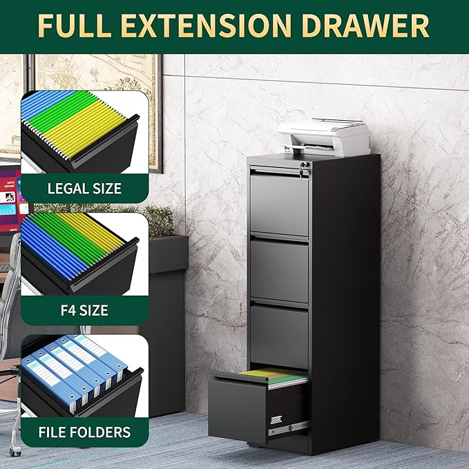 4 Drawer File Cabinet with Lock, Steel Vertical Filing Storage Cabinet - Image 5