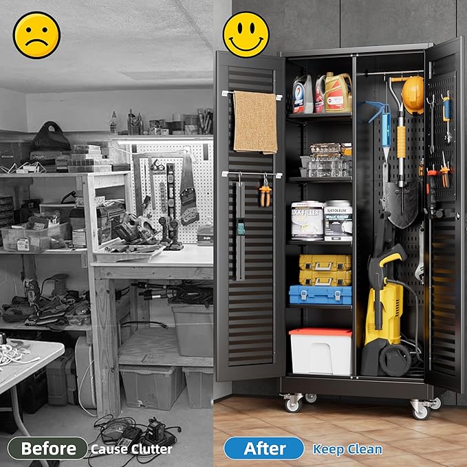 Garage Storage Cabinet with Wheels and 4 Shelves, Metal Broom Closet Storage - Image 7