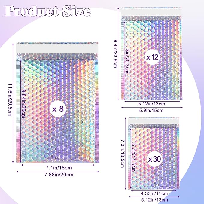 50 Pcs Metallic Bubble Mailers, 3 Sizes Holographic Bubble Mailers, Poly Padded - Image 2