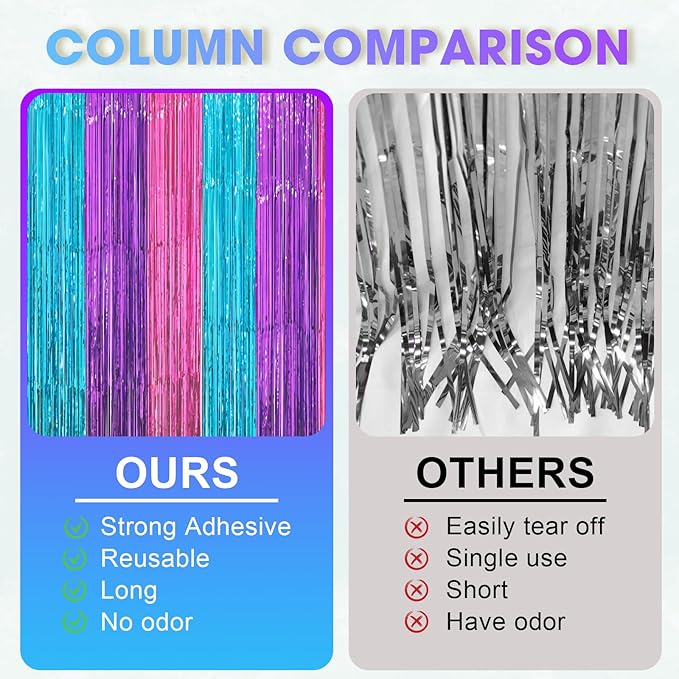 3 Pack 3.3 x 8.2 ft Blue Purple Pink Foil Fringe Backdrop Curtains, Tinsel - Image 3