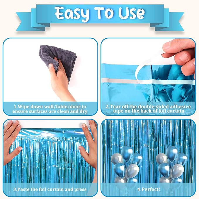 3 Pack 3.3 x 8.2 ft Retro Blue Foil Fringe Backdrop Curtains, Tinsel Streamers - Image 4