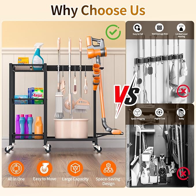 Broom Holder with Cleaning Supplies Organizer Load 350 LBS Cleaning Cart with - Image 6