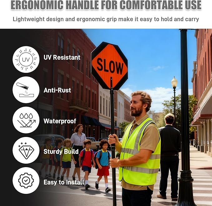 Stop Slow Sign with 66" Adjustable Handle, 18x18 Inch Double Sided Reflective - Image 6