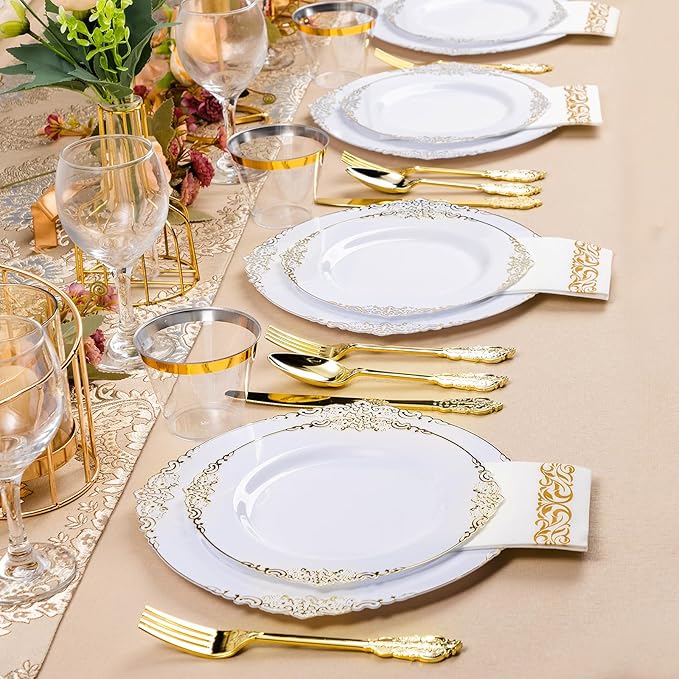350PCS White and Gold Plastic Plates - Image 7