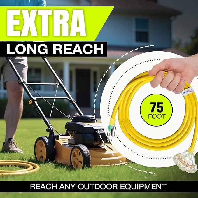 75ft Outdoor/Indoor Extension Cord 3-Outlet 12/3 Gauge Extra Heavy Duty 3 Prong - Image 6
