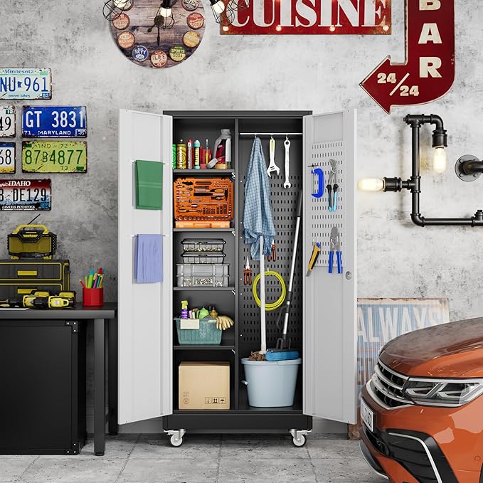 Garage Storage Cabinet with Wheels, Broom Closet Storage Cabinet with Pegboards - Image 9