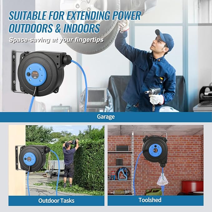 VEVOR 30FT Retractable Extension Cord Reel, 16AWG/3C SJTOW Heavy Duty Power - Image 6