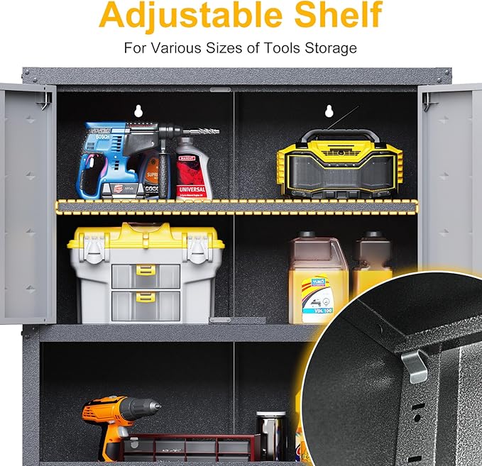 Wall Mounted Cabinet with Locking Doors, Open Shelf, Metal Hanging Garage - Image 4