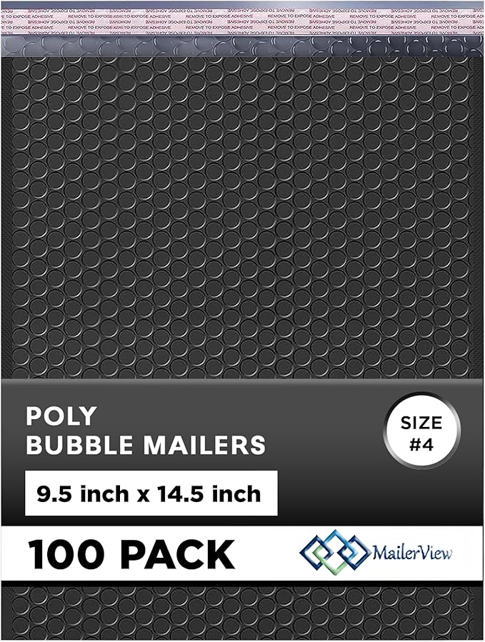 Black Large Poly Bubble Mailers 9.5x14.5 inch #4 | Self Seal Padded Envelopes by MAILERVIEW