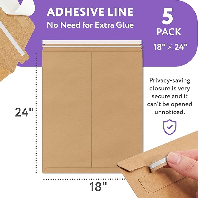 Natural Brown Kraft Rigid Mailers, 18 x 24 Inches. Pack of 5 Paperboard - Image 2