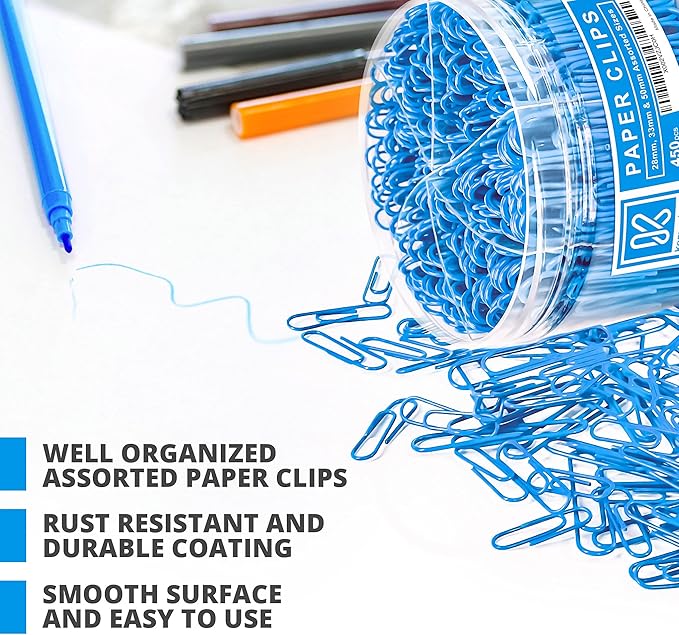 450 Blue Color Paper Clips Assorted Sizes Small, Medium and Large Paper Clips - Image 3
