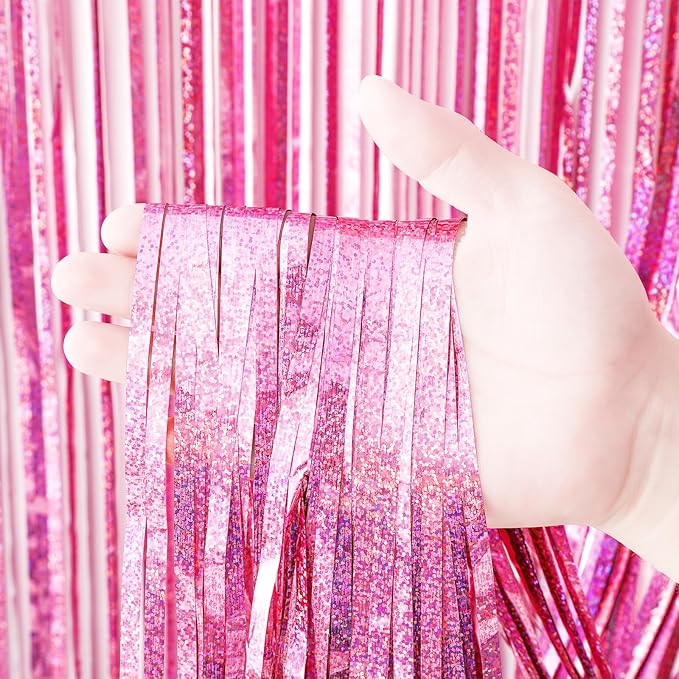 3 Pack 3.3x8.2 Feet Laser Pink Foil Fringe Backdrop Curtains, Tinsel Streamers - Image 2