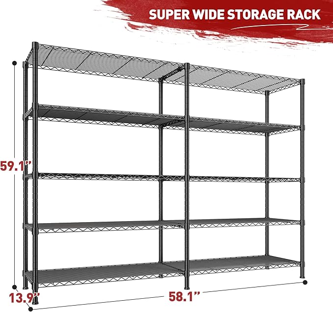 REIBII 1450LBS Shelves 5 Tier Metal Shelving Unit Storage Wire Shelving 58.1''W - Image 3