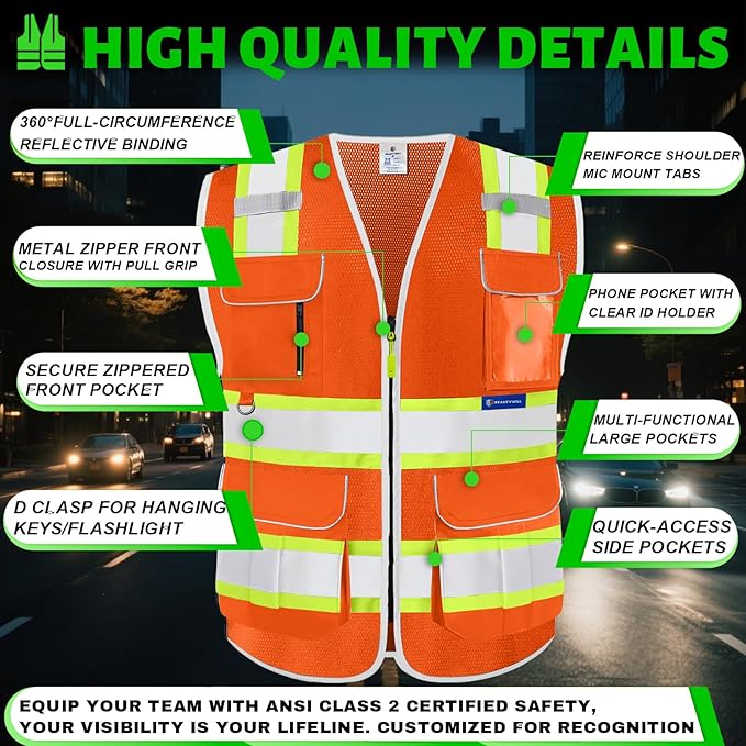 BeautyWill Custom Logo 10 Pockets Safety Vest Class2 ANSI Certified High - Image 6