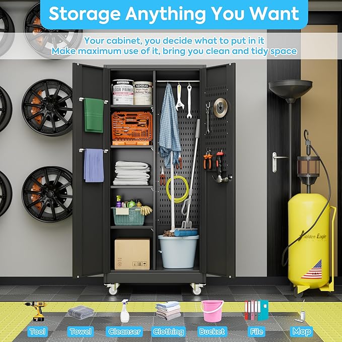 Garage Storage Cabinet with Wheels and 5 Pegboard, Metal Storage Cabinets with - Image 5