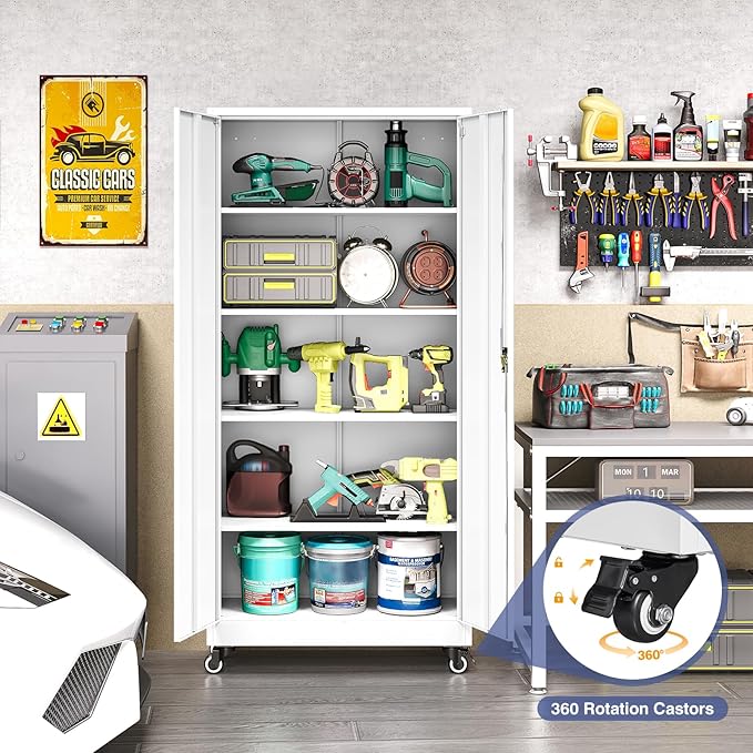 Metal Storage Cabinet with Wheels, Tall Garage Storage Cabinet with 4 - Image 4