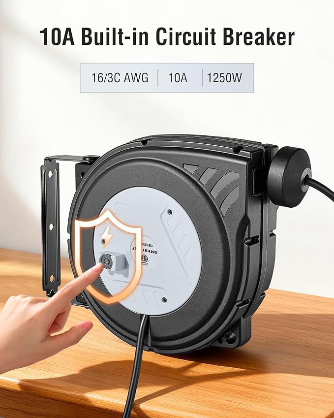 SURAIELEC 30 FT Retractable Extension Cord Reel, 16AWG SJTW Power Cord - Image 3