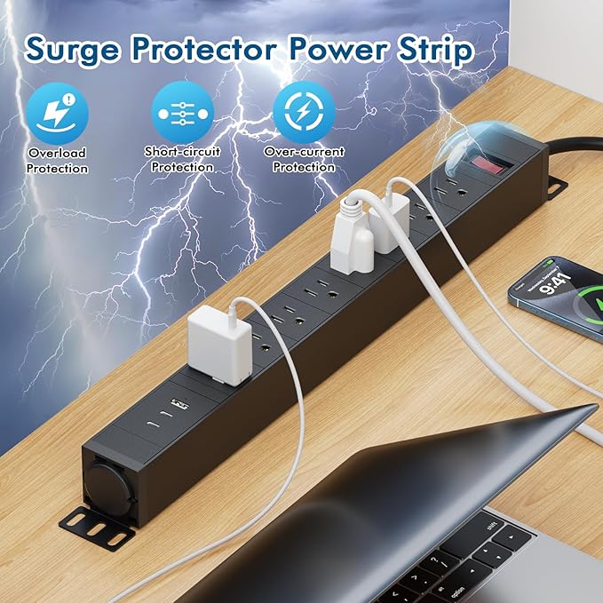8 Outlet Metal Wall Mount Power Strip, 360° Rotatable Mounting, PD 20W USB C - Image 4