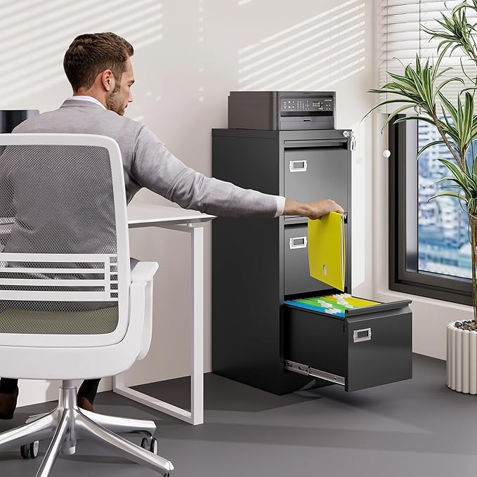 3 Drawer File Cabinet with Lock Metal Vertical File Cabinet Office Home Narrow - Image 2