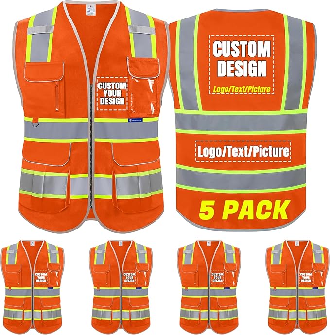 BeautyWill 5Pack Custom Logo Safety Vest 8 Pockets Class2 ANSI Certified High by BeautyWill
