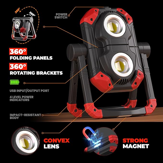 Yzoni 2 Pack LED Work Light Rechargeable, 2 COB 2500LM Folding Portable Flood - Image 4