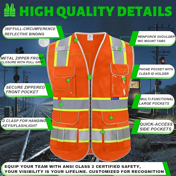 BeautyWill Custom Logo 10 Pockets Safety Vest Class2 ANSI Certified High - Image 6
