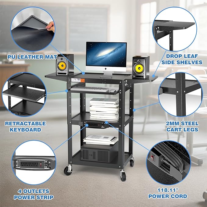 Large Steel AV Cart with Power Strip & Drop Leaves - Image 6