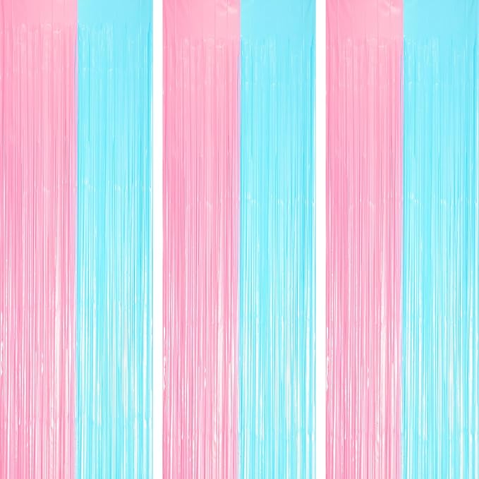 3 Pack 3.3 x 8.2 ft Pastel Blue and Pink Foil Fringe Backdrop Curtains by Voircoloria