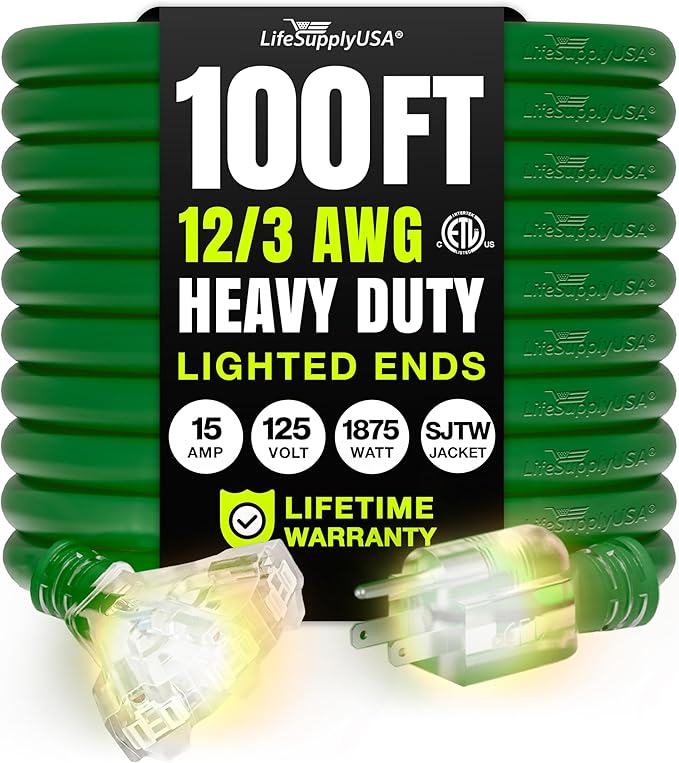 100ft Outdoor/Indoor Extension Cord 3-Outlet 12/3 Gauge Extra Heavy Duty ETL by LifeSupplyUSA