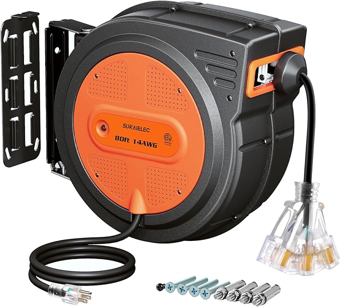SURAIELEC 80 FT Retractable Extension Cord Reel, 14 AWG SJTOW Power Cord by SURAIELEC