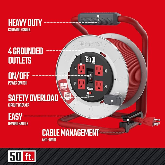 CRAFTSMAN 50 Ft. Contractor Edition Retractable Extension Cord Reel - Image 2