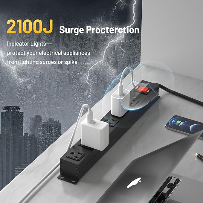 KF 6 Outlet Metal Wall Mount Power Strip, 2100J Surge Protection Heavy Duty - Image 3