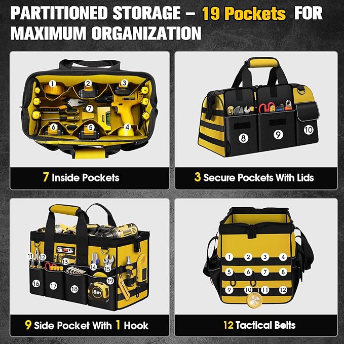16-Inch Heavy Duty Tool Bag, 19-Pockets Tool Box Organizer, Portable Toolbag - Image 3