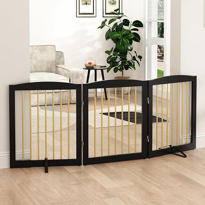 Freestanding Pet Gate for Dogs, Foldable Wooden Dog Gate for House, Indoor Dog by PUPETPO