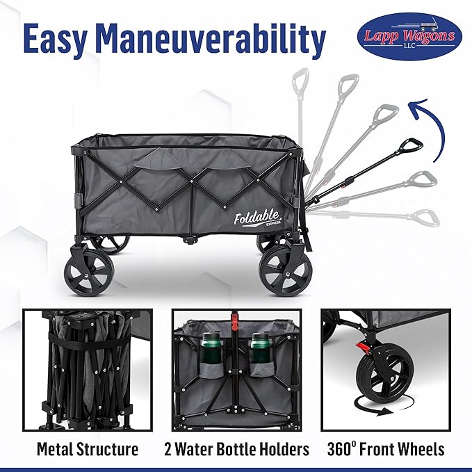 Lapp Wagons 39" Extra-Long Collapsible Folding Wagon Cart, Heavy-Duty 360 lb - Image 2