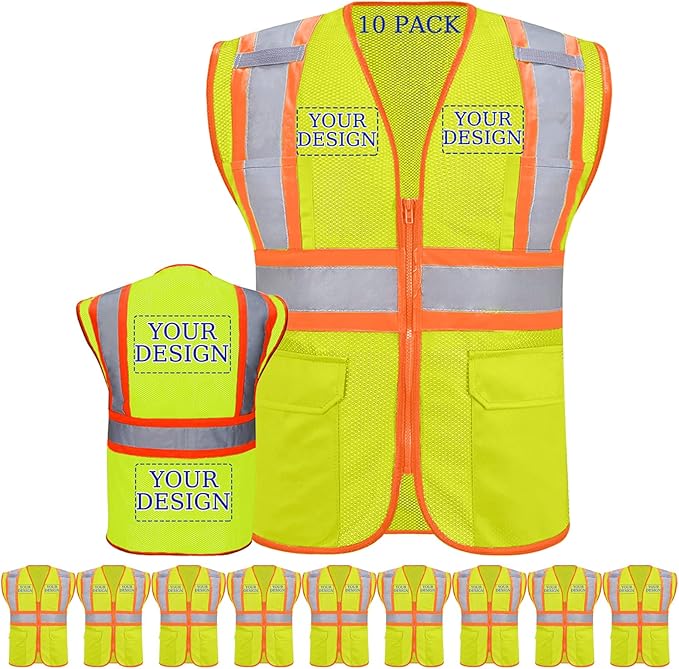 Custom Safety Vest with Logo Pockets High Visibility Reflective Vests by CustomTok