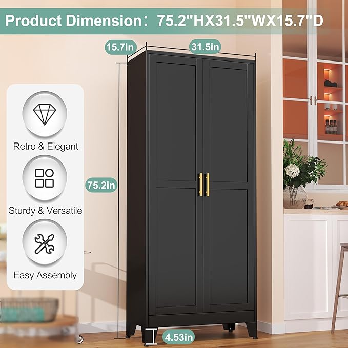 Metal Pantry Cabinet with 2 Doors and 5 Adjustable Shelves, Versatile Storage - Image 3