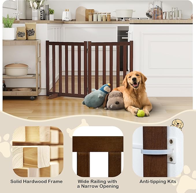 24" Height Tall Freestanding Pet Gate, Solid Wood Folding Safety Fence Wooden - Image 4